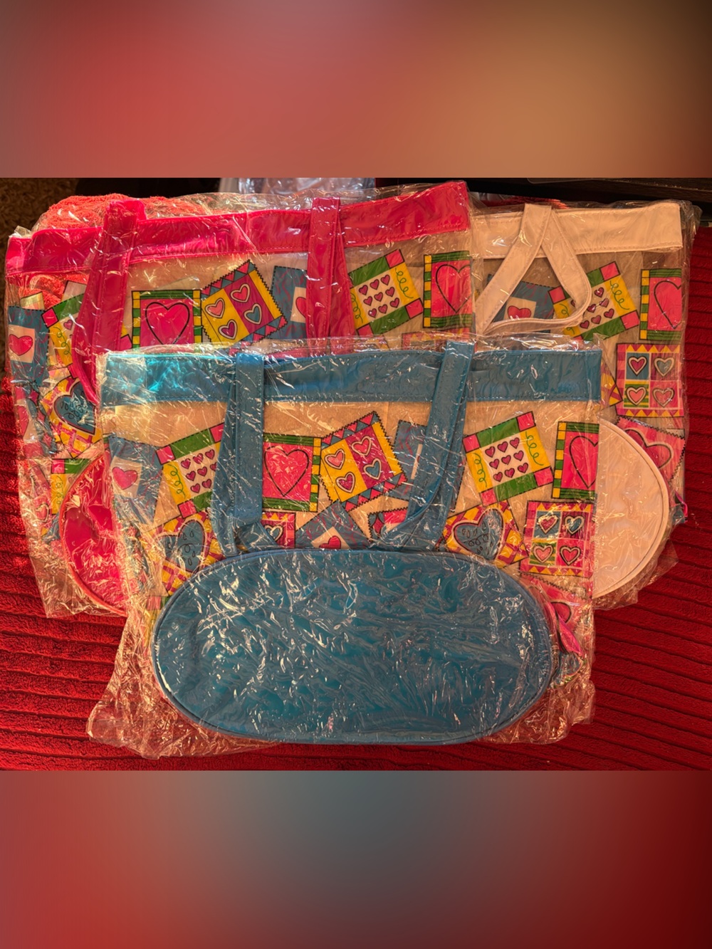 3 Colorful Heart Pattern Party Tote Bag - Blue, Pink, White